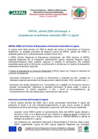 2007: ARPAL, attività 2006 sull’energia e proposte per la settimana nazionale 2007 in Liguria