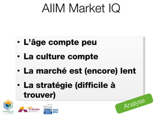 L’âge compte peu La culture compte La marché est (encore) lent La stratégie (difficile à trouver) Analyse AIIM Market IQ 