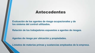 Antecedentes
Evaluación de los agentes de riesgo ocupacionales y de
los sistema del control utilizados.
Relación de los trabajadores expuestos a agentes de riesgos.
Agentes de riesgo por ubicación y propiedades.
Listados de materias primas y sustancias empleados de la empresa.
 