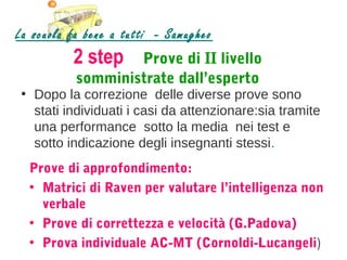 La scuola fa bene a tutti - Samugheo
          2 step   Prove di II livello
           somministrate dall’esperto
 • Dopo la correzione delle diverse prove sono
   stati individuati i casi da attenzionare:sia tramite
   una performance sotto la media nei test e
   sotto indicazione degli insegnanti stessi.
  Prove di approfondimento:
  • Matrici di Raven per valutare l’intelligenza non
    verbale
  • Prove di correttezza e velocità (G.Padova)
  • Prova individuale AC-MT (Cornoldi-Lucangeli)
 