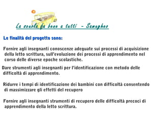 La scuola fa bene a tutti - Samugheo
Le finalità del progetto sono:

Fornire agli insegnanti conoscenze adeguate sui processi di acquisizione
della letto scrittura, sull’evoluzione dei processi di apprendimento nel
corso delle diverse epoche scolastiche.
Dare strumenti agli insegnanti per l’identificazione con metodo delle
difficoltà di apprendimento.

Ridurre i tempi di identificazione dei bambini con difficoltà consentendo
di massimizzare gli effetti del recupero

Fornire agli insegnanti strumenti di recupero delle difficoltà precoci di
apprendimento della letto scrittura.
 