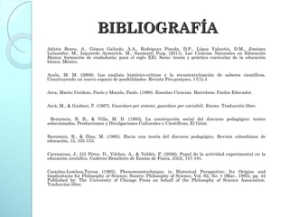 BIBLIOGRAFÍABIBLIOGRAFÍA
Adúriz Bravo, A., Gómez Galindo, A.A., Rodríguez Pineda, D.P., López Valentín, D.M., Jiménez
Leixandre, M., Izquierdo Aymerich, M., Sanmartí Puig. (2011). Las Ciencias Naturales en Educación
Básica: formación de ciudadanía: para el siglo XXI. Serie: teoría y práctica curricular de la educación
básica. México.
 
Ayala, M. M. (2006). Los análisis histórico-críticos y la recontextulización de saberes científicos.
Construyendo un nuevo espacio de posibilidades. Revista Pro-posiçoes, 17(1),4
 
Arca, Maria; Guidoni, Paolo y Mazzlo, Paolo. (1990). Enseñar Ciencias. Barcelona: Paidos Educador.
 
Arcà, M., & Guidoni, P. (1987). Guardare per sistemi, guardare per variabili. Emme. Traducción libre.
Bernstein, B. B., & Villa, M. D. (1993). La construcción social del discurso pedagógico: textos
seleccionados. Producciones y Divulgaciones Culturales y Científicas, El Griot.
 
Bernstein, B., & Díaz, M. (1985). Hacia una teoría del discurso pedagógico. Revista colombiana de
educación, 15, 105-153.
 
Carrascosa, J., Gil Pérez, D., Vilches, A., & Valdés, P. (2006). Papel de la actividad experimental en la
educación científica. Caderno Brasileiro de Ensino de Física, 23(2), 157-181.
 
Castelao-Lawless,Teresa (1995). Phenomenotechnique in Historical Perspective: Its Origins and
Implications for Philosophy of Science; Source: Philosophy of Science, Vol. 62, No. 1 (Mar., 1995), pp. 44
Published by: The University of Chicago Press on behalf of the Philosophy of Science Association.
Traduccion libre.
 
 
