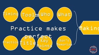 Timing

Tools
Tools

Who

What

Practice makes perfect
Practice

Title

Key
Points

Don’t
Memorize

Making

 