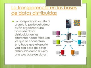 La transparencia en las bases
de datos distribuidas


La transparencia oculta al
usuario la parte del cómo
están organizadas las
bases de datos
distribuidas en los
diferentes nodos físicos en
las que se encuentran,
esto hace que el usuario
vea a la base de datos
distribuida como si fuera
una sola base de datos.

 