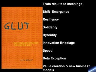 From results to meanings

Shift Emergence

Resiliency

Solidarity

Hybridity

Innovation Bricolage

Speed

Beta Exception

Value creation & new business
models
 