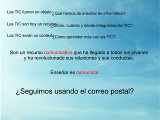 Las TIC son hoy un recurso ¿ Cómo, cuándo y dónde integramos las TIC? Las TIC serán un contexto ¿ Cómo aprender más con las TIC? Son un recurso  comunicativo  que ha llegado a todos los jóvenes y ha revolucionado sus relaciones y sus conductas. Enseñar es  comunicar ¿Seguimos usando el correo postal? Las TIC fueron un objeto: ¿ Qué hemos de enseñar de informática? 