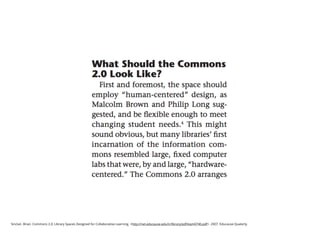 Sinclair, Brian. Commons 2.0: Library Spaces Designed for Collaborative Learning. <http://net.educause.edu/ir/library/pdf/eqm0740.pdf>. 2007. Educause Quaterly.
 
