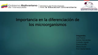 Importancia en la diferenciación de
los microorganismos
Integrantes:
José franco
Adrián Hernández
Cristofer vigués
Diana Arrollo
María Duran
Prof. Dante Falcón
 