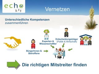 Vernetzen
Unterschiedliche Kompetenzen
zusammenführen




                                      Entscheidungsträger
                          Experten & (Politik & Wirtschaft)
                        Wissenschaftler


             BürgerInnen &
              Betroffene




          Die richtigen Mitstreiter finden
 