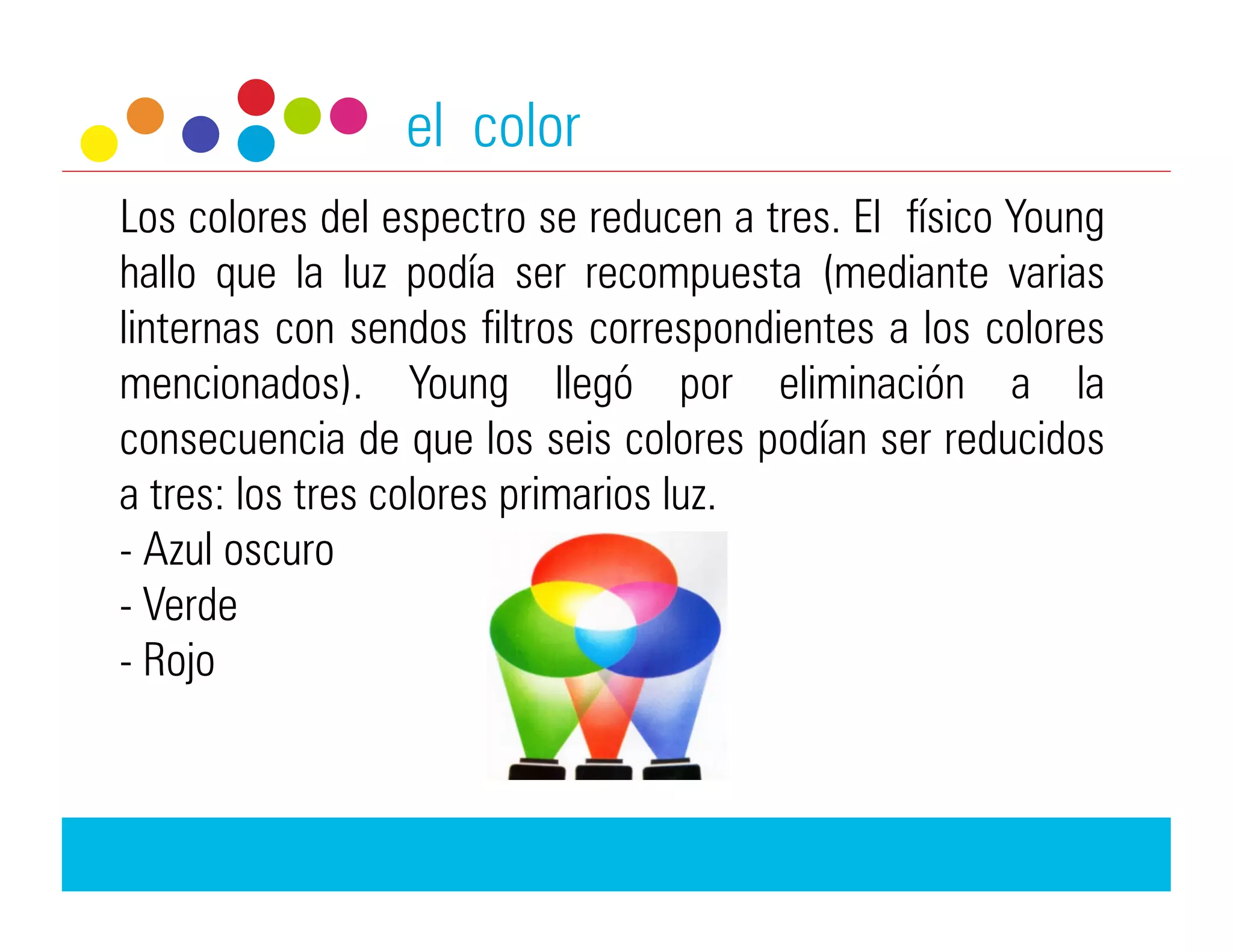 el color
Los colores del espectro se reducen a tres. El físico Young
hallo que la luz podía ser recompuesta (mediante varias
linternas con sendos filtros correspondientes a los colores
mencionados). Young llegó por eliminación a la
consecuencia de que los seis colores podían ser reducidos
a tres: los tres colores primarios luz.
-  Azul oscuro
-  Verde
-  Rojo
 