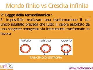 Mondo finito vs Crescita Infinita 2° Legge della termodinamica : E’ impossibile realizzare una trasformazione il cui unico risultato preveda che tutto il calore assorbito da una sorgente omogenea sia interamente trasformato in lavoro PRINCIPIO DI ENTROPIA 