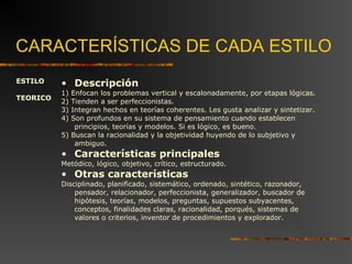 CARACTERÍSTICAS DE CADA ESTILO 
ESTILO 
TEORICO 
• Descripción 
1) Enfocan los problemas vertical y escalonadamente, por etapas lógicas. 
2) Tienden a ser perfeccionistas. 
3) Integran hechos en teorías coherentes. Les gusta analizar y sintetizar. 
4) Son profundos en su sistema de pensamiento cuando establecen 
principios, teorías y modelos. Si es lógico, es bueno. 
5) Buscan la racionalidad y la objetividad huyendo de lo subjetivo y 
ambiguo. 
• Características principales 
Metódico, lógico, objetivo, crítico, estructurado. 
• Otras características 
Disciplinado, planificado, sistemático, ordenado, sintético, razonador, 
pensador, relacionador, perfeccionista, generalizador, buscador de 
hipótesis, teorías, modelos, preguntas, supuestos subyacentes, 
conceptos, finalidades claras, racionalidad, porqués, sistemas de 
valores o criterios, inventor de procedimientos y explorador. 
 
