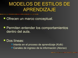 MODELOS DE ESTILOS DE 
APRENDIZAJE 
 Ofrecen un marco conceptual. 
 Permiten entender los comportamientos 
dentro del aula. 
 Dos líneas: 
 Interés en el proceso de aprendizaje (Kolb) 
 Canales de ingreso de la información (Alonso) 
 