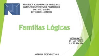 REPUBLICA BOLIVARIANA DE VENEZUELA
INSTITUTO UNIVERSITARIO POLITECNICO
SANTIAGO MARIÑO
EXTENCION - MATURIN
INTEGRANTE:
Br. Luis Pereiro
C.I: 22.974.674
MATURIN, DICIEMBRE 2015
 