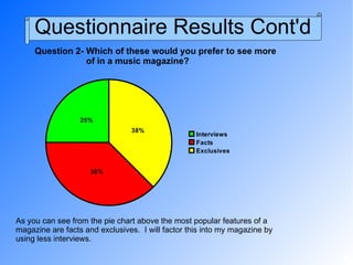 Questionnaire Results Cont'd Question 2- Which of these would you prefer to see more  of in a music magazine? As you can see from the pie chart above the most popular features of a magazine are facts and exclusives.  I will factor this into my magazine by using less interviews. 