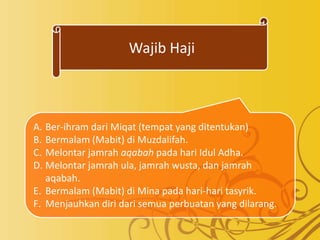 Wajib Haji
A. Ber-ihram dari Miqat (tempat yang ditentukan)
B. Bermalam (Mabit) di Muzdalifah.
C. Melontar jamrah aqabah pada hari Idul Adha.
D. Melontar jamrah ula, jamrah wusta, dan jamrah
aqabah.
E. Bermalam (Mabit) di Mina pada hari-hari tasyrik.
F. Menjauhkan diri dari semua perbuatan yang dilarang.
 