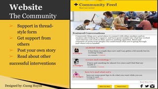 Website
The Community
➢ Support in thread-
style form
➢ Get support from
others
➢ Post your own story
➢ Read about other
successful interventions
Designed by: Cuong Huynh
 