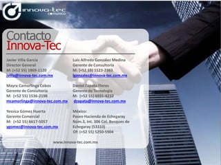 Contacto
Innova-Tec
Javier Villa García Luis Alfredo González Medina
Director General Gerente de Consultoría
M: (+52 55) 1869-1120 M: (+52 55) 1523-2383
jvilla@innova-tec.com.mx lgonzalez@innova-tec.com.mx
Mayra Camorlinga Cobos Daniel Zapata Flores
Gerente de Consultoría Gerente de Tecnología
M: (+52 55) 1536-2198 M: (+52 55) 6931-4232
mcamorlinga@innova-tec.com.mx dzapata@innova-tec.com.mx
Yessica Gómez Huerta México:
Gerente Comercial Paseo Hacienda de Echegaray
M: (+52 55) 6617-5057 Núm.3, Int. 306 Col. Bosques de
ygomez@innova-tec.com.mx Echegaray (53310)
Of: (+52 55) 5250-5904
www.innova-tec.com.mx
 