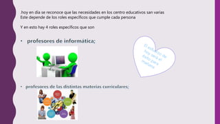 .hoy en día se reconoce que las necesidades en los centro educativos san varias
Este depende de los roles específicos que cumple cada persona
Y en esto hay 4 roles específicos que son
 