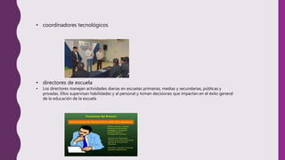 • coordinadores tecnológicos
• directores de escuela
• Los directores manejan actividades diarias en escuelas primarias, medias y secundarias, públicas y
privadas. Ellos supervisan habilidades y al personal y toman decisiones que impactan en el éxito general
de la educación de la escuela
 