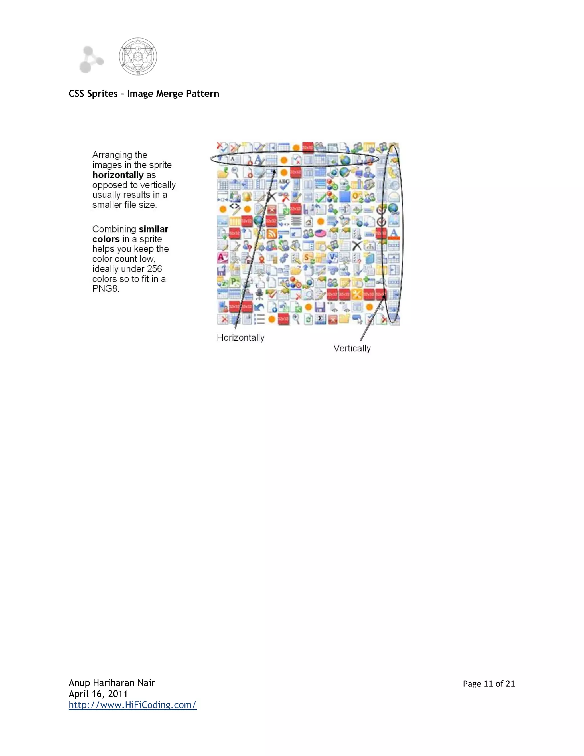CSS Sprites – Image Merge Pattern




Anup Hariharan Nair                 Page 11 of 21
April 16, 2011
http://www.HiFiCoding.com/
 