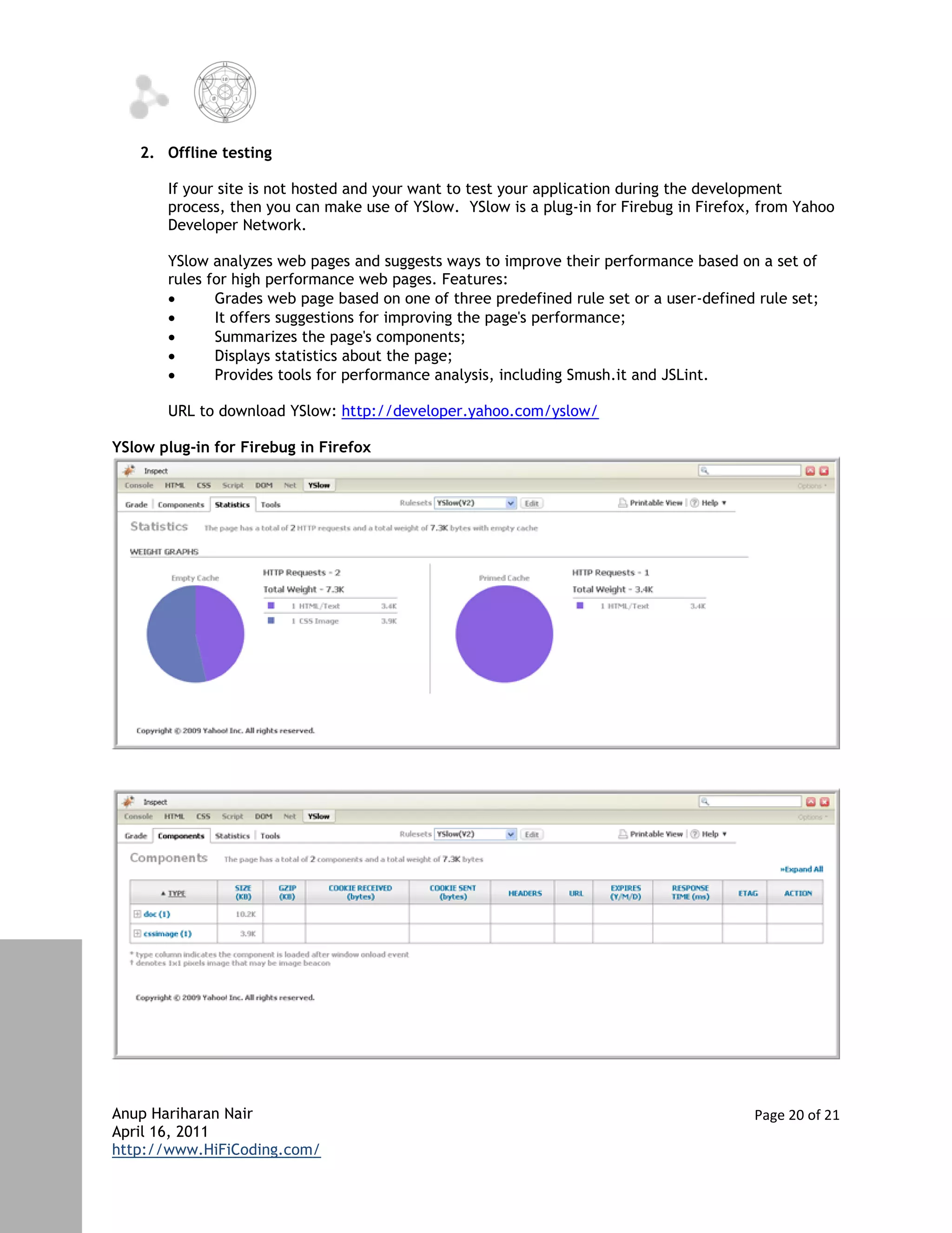 2. Offline testing

       If your site is not hosted and your want to test your application during the development
       process, then you can make use of YSlow. YSlow is a plug-in for Firebug in Firefox, from Yahoo
       Developer Network.

       YSlow analyzes web pages and suggests ways to improve their performance based on a set of
       rules for high performance web pages. Features:
             Grades web page based on one of three predefined rule set or a user-defined rule set;
             It offers suggestions for improving the page's performance;
             Summarizes the page's components;
             Displays statistics about the page;
             Provides tools for performance analysis, including Smush.it and JSLint.

       URL to download YSlow: http://developer.yahoo.com/yslow/

YSlow plug-in for Firebug in Firefox




Anup Hariharan Nair                                                                      Page 20 of 21
April 16, 2011
http://www.HiFiCoding.com/
 