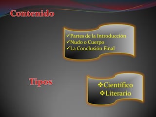 Partes de la Introducción
Nudo o Cuerpo
La Conclusión Final




             Científico
             Literario
 