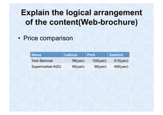 Explain the logical arrangement
  of the content(Web-brochure)
•  Price comparison

    Name               Lettuce       Pork         Sashimi
    York Beinmal           99(yen)     100(yen)     510(yen)
    Supermarket AIZU       95(yen)      98(yen)     495(yen)
 
