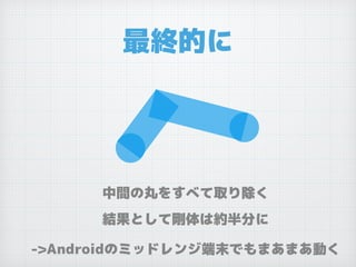 最終的に
中間の丸をすべて取り除く
結果として剛体は約半分に
->Androidのミッドレンジ端末でもまあまあ動く
 