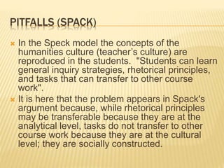 PITFALLS (SPACK)
 In the Speck model the concepts of the
humanities culture (teacher’s culture) are
reproduced in the students. "Students can learn
general inquiry strategies, rhetorical principles,
and tasks that can transfer to other course
work".
 It is here that the problem appears in Spack's
argument because, while rhetorical principles
may be transferable because they are at the
analytical level, tasks do not transfer to other
course work because they are at the cultural
level; they are socially constructed.
 