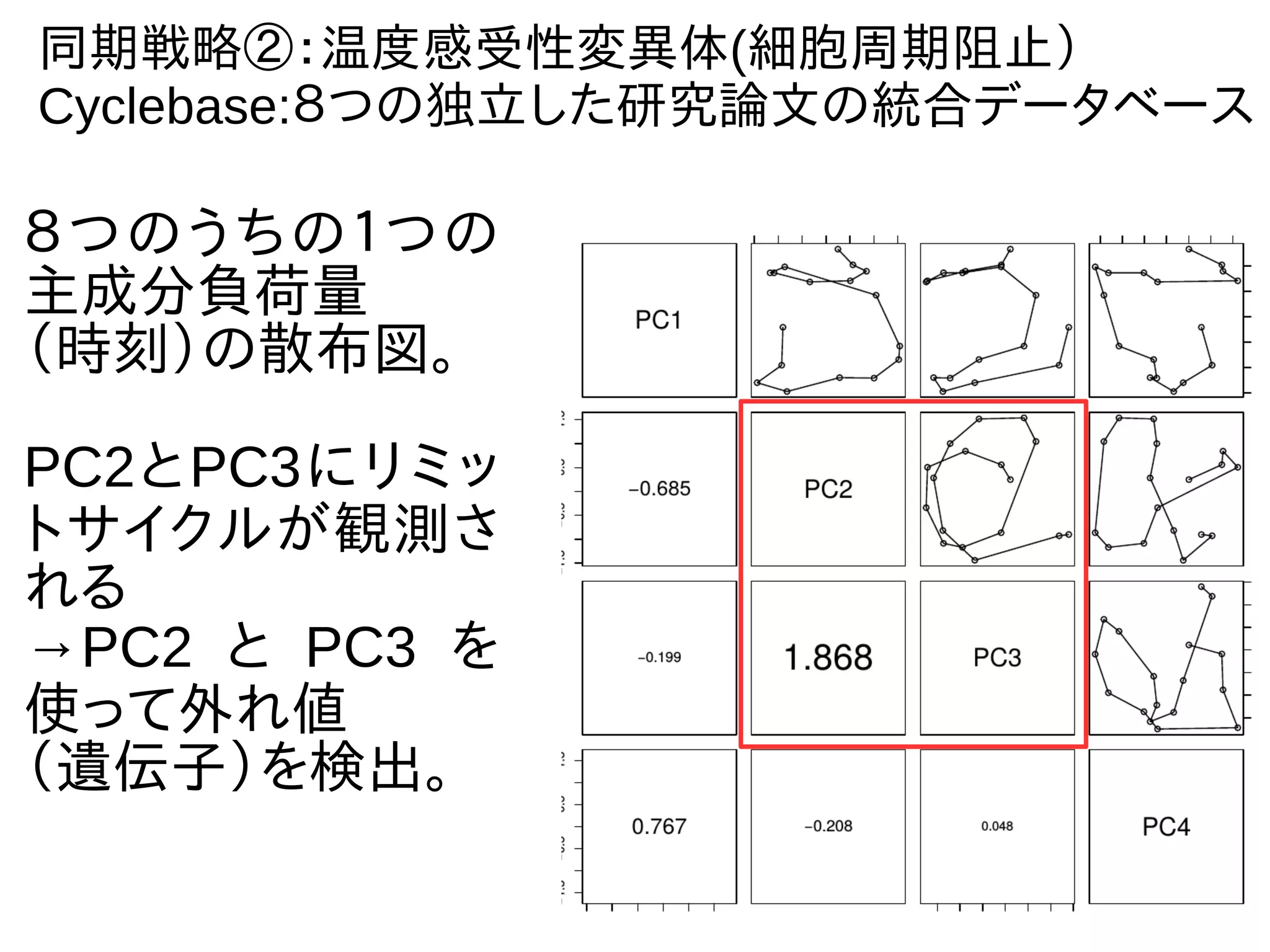 同期戦略②：温度感受性変異体(細胞周期阻止）
Cyclebase:８つの独立した研究論文の統合データベース
８つのうちの１つの
主成分負荷量
（時刻）の散布図。
PC2とPC3にリミッ
トサイクルが観測さ
れる
→PC2 と PC3 を
使って外れ値
（遺伝子）を検出。
 