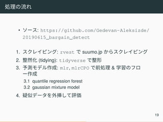 処理の流れ
• ソース: https://github.com/Gedevan-Aleksizde/
20190615_bargain_detect
1. スクレイピング: rvest で suumo.jp からスクレイピング
2. 整然化 (tidying): tidyverse で整形
3. 予測モデル作成: mlr, mlrCPO で前処理 & 学習のフロ
ー作成
3.1 quantile regression forest
3.2 gaussian mixture model
4. 疑似データを外挿して評価
19
 