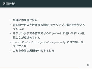敗因分析
• 単純に作業量が多い
• 未知の分野の先行研究の調査, モデリング, 検証を全部やろ
うとした
• モデリングまでの作業でどのパッケージが使いやすいか比
較しながら進めていた
• caret と mlr と tidymodels + parsnip どれが使いや
すいかとか
• これを全部 //1 ///週///間///でやろうとした
31
 