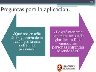 Preguntas para la aplicación.
¿Qué nos enseña
Juan 9 acerca de la
razón por la cual
sufren las
personas?
¿De qué maneras
concretas se puede
glorificar a Dios
cuando las
personas enfrentan
adversidades?
32
 