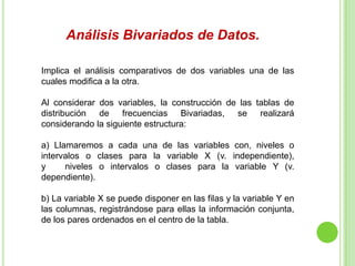 Análisis Bivariados de Datos.
Implica el análisis comparativos de dos variables una de las
cuales modifica a la otra.
Al considerar dos variables, la construcción de las tablas de
distribución de frecuencias Bivariadas, se realizará
considerando la siguiente estructura:
a) Llamaremos a cada una de las variables con, niveles o
intervalos o clases para la variable X (v. independiente),
y niveles o intervalos o clases para la variable Y (v.
dependiente).
b) La variable X se puede disponer en las filas y la variable Y en
las columnas, registrándose para ellas la información conjunta,
de los pares ordenados en el centro de la tabla.
 