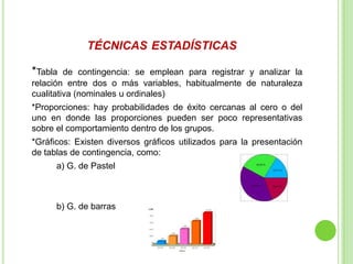 TÉCNICAS ESTADÍSTICAS
*Tabla de contingencia: se emplean para registrar y analizar la
relación entre dos o más variables, habitualmente de naturaleza
cualitativa (nominales u ordinales)
*Proporciones: hay probabilidades de éxito cercanas al cero o del
uno en donde las proporciones pueden ser poco representativas
sobre el comportamiento dentro de los grupos.
*Gráficos: Existen diversos gráficos utilizados para la presentación
de tablas de contingencia, como:
a) G. de Pastel
b) G. de barras
 
