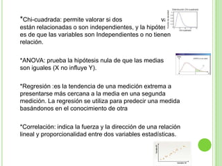 *Chi-cuadrada: permite valorar si dos variables
están relacionadas o son independientes, y la hipótesis nula
es de que las variables son Independientes o no tienen
relación.
*ANOVA: prueba la hipótesis nula de que las medias
son iguales (X no influye Y).
*Regresión :es la tendencia de una medición extrema a
presentarse más cercana a la media en una segunda
medición. La regresión se utiliza para predecir una medida
basándonos en el conocimiento de otra
*Correlación: indica la fuerza y la dirección de una relación
lineal y proporcionalidad entre dos variables estadísticas.
 