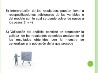 5) Interpretación de los resultados: pueden llevar a
reespecificaciones adicionales de las variables o
del modelo con lo cual se puede volver de nuevo a
los pasos 3) y 4)
6) Validación del análisis: consiste en establecer la
validez de los resultados obtenidos analizando sí
los resultados obtenidos con la muestra se
generalizar a la población de la que procede
 