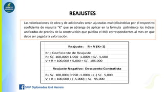 Las valorizaciones de obra y de adicionales serán ajustadas multiplicándolas por el respectivo
coeficiente de reajuste “K” que se obtenga de aplicar en la fórmula polinómica los índices
unificados de precios de la construcción que publica el INEI correspondientes al mes en que
debe ser pagada la valorización.
REAJUSTES
Kr = Coeficiente de Reajuste
R= S/. 100,000 (1.050 -1.000) = S/. 5,000
V + R = 100,000 + 5,000 = S/. 105,000
R= S/. 100,000 (0.950 -1.000) = (-) S/. 5,000
V + R = 100,000 + (-5,000) = S/. 95,000
Reajuste: R = V (Kr-1)
Reajuste Negativo: Descuento Contratista
 