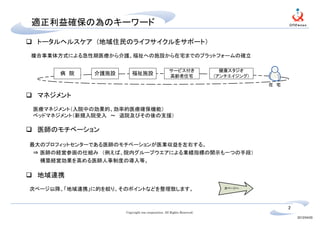適正利益確保の為のキーワード

 トータルヘルスケア (地域住民のライフサイクルをサポート）
複合事業体方式による急性期医療から介護、福祉への施設から在宅までのプラットフォームの確立

                                                 サービス付き                 健康スタジオ
      病 院    介護施設       福祉施設                     高齢者住宅                (アンチエイジング)
                                                                                   在 宅

 マネジメント
医療マネジメント（入院中の効果的、効率的医療確保機能）
ベッドマネジメント（新規入院受入　～　退院及びその後の支援）

 医師のモチベーション

最大のプロフィットセンターである医師のモチベーションが医業収益を左右する。
⇒ 医師の経営参画の仕組み　（例えば、院内グループウエアによる業績指標の開示も一つの手段）
  構築経営効果を高める医師人事制度の導入等。

 地域連携
次ページ以降、「地域連携」に的を絞り、そのポイントなどを整理致します。                                      次ページへ




                                                                                         2
                    Copyright one corporation. All Rights Reserved.
                                                                                             2012/04/20
 