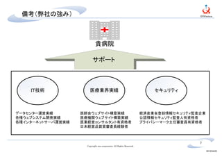 備考（弊社の強み）　



                            貴病院

                          サポート



    ＩＴ技術               医療業界実績                                              セキュリティ



データセンター運営実績        医師会ウェブサイト構築実績                                       経済産業省登録情報セキュリティ監査企業
各種ウェブシステム開発実績      医療機関ウェブサイト構築実績                                      公認情報セキュリティ監査人有資格者
各種インターネットサーバ運営実績   医業経営コンサルタント有資格者                                     プライバシーマーク主任審査員有資格者
                   日本経営品質賞審査員経験者



                                                                                        7
                     Copyright one corporation. All Rights Reserved.

                                                                                             2012/04/20
 