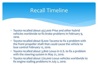 Recall Timeline


 Toyota recalled about 437,000 Prius and other hybrid
  vehicles worldwide to fix brake problems in February 9,
  2010.
 Toyota recalled about 8,000 Tacoma to fix a problem with
  the front propeller shaft that could cause the vehicle to
  lose control February 12, 2010.
 Toyota recalled about 3,800 Lexus in U.S. to fix a problem
  with the steering system in May 21, 2010.
 Toyota recalled about 270,000 Lexus vehicles worldwide to
  fix engine stalling problems in July 2, 2010.
 
