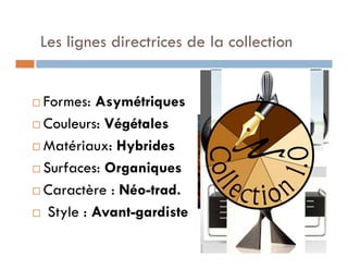 Les lignes directrices de la collection


 Formes: Asymétriques
 Couleurs: Végétales

 Matériaux: Hybrides

 Surfaces: Organiques

 Caractère : Néo-trad.

 Style : Avant-gardiste
 