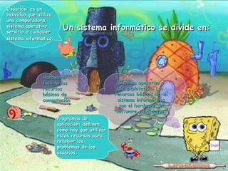Un sistema informático se divide en:   Sistema operativo o de explotación: Los recursos básicos de un sistema informáticos son el hardware, el software y los datos. Programas de aplicación: definen cómo hay que utilizar estos recursos para resolver los problemas de los usuarios. Usuarios: es un individuo que utiliza una computadora, sistema operativo, servicio o cualquier sistema informático . Hardware: facilita los recursos básicos de computación 