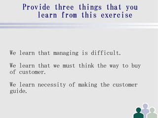 Provide three things that you
        learn from this exercise



We learn that managing is difficult.
We learn that we must think the way to buy
of customer.
We learn necessity of making the customer
guide.
 