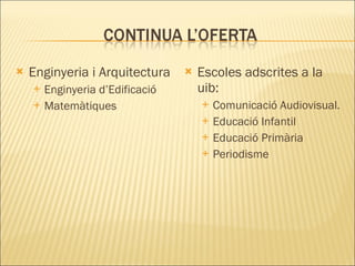 Enginyeria i Arquitectura Enginyeria d’Edificació Matemàtiques Escoles adscrites a la uib: Comunicació Audiovisual. Educació Infantil Educació Primària Periodisme 