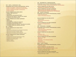 TCP - TEXTIL, CONFECCIÓ I PELL PROGRAMA QUALIFICACIÓ PROFESSIONAL INICIAL -  Auxiliar de cortinatge i complements de decoració -  Auxiliar de bugaderia i arranjaments d'articles tèxtils -  Auxiliar de reparació de calçat i marroquineria -  Auxiliar de tapisser CICLES FORMATIUS DE GRAU MITJÀ > Calçat i Marroquineria  > Confecció  > Operacions d'ennobliment tèxtil  > Producció de filatura i teixidura de calada  > Producció de teixits de punt  CICLES FORMATIUS DE GRAU SUPERIOR > Adobs  > Patronatge  > Processos de confecció industrial  > Processos d'ennobliment tèxtil  > Processos tèxtils de filatura i teixidura de calada  > Processos tèxtils de teixidura de punt  QUI - QUÍMICA CICLES FORMATIUS DE GRAU MITJÀ  > Laboratori  > Operacions de fabricació de productes farmacèutics  > Operacions de procés de pasta i paper  > Operacions de procés en planta química  > Operacions de transformació de plàstics i cautxú  CICLES FORMATIUS DE GRAU SUPERIOR -> Anàlisi i control  > Fabricació de productes farmacèutics i afins  > Indústries de procés de pasta i paper  > Indústries de procés químic  > Plàstics i Cautxú > Química ambiental  INF - INFORMÀTICA I COMUNICACIONS PROGRAMA QUALIFICACIÓ PROFESSIONAL INICIAL   -  Auxiliar de muntatge i manteniment de sistemes microinformàtics CICLES FORMATIUS DE GRAU MITJÀ - Explotació de sistemes informàtics CICLES FORMATIUS DE GRAU SUPERIOR - Administració de sistemes informàtics - Desenvolupament d'aplicacions informàtiques IMP - IMATGE PERSONAL  PROGRAMA QUALIFICACIÓ PROFESSIONAL INICIAL -  Auxiliar de perruqueria -  Auxiliar en tècniques estètiques  CICLES FORMATIUS DE GRAU MITJÀ   - Caracterització - Estètica personal decorativa - Perruqueria CICLES FORMATIUS DE GRAU SUPERIOR   - Assessoria d'imatge personal - Estètica  HOT - HOTELERIA I TURISME PROGRAMA QUALIFICACIÓ PROFESSIONAL INICIAL   - Auxiliar de cuina - Auxiliar de serveis de restauració -  Auxiliar d'allotjaments   CICLES FORMATIUS DE GRAU MITJÀ   -  Cuina -  Pastisseria i forn -  Serveis de restaurant i bar CICLES FORMATIUS DE GRAU SUPERIOR   -  Agències de viatge -  Allotjament -  Informació i comercialització turística -  Restauració -  Animació turística MAM - FUSTA I MOBLE PROGRAMA QUALIFICACIÓ PROFESSIONAL INICIAL   - Auxiliar de fusteria  CICLES FORMATIUS DE GRAU MITJÀ   -  Fabricació a mida i instal·lació de fusteria i moble - Fabricació industrial de fusteria i moble - Transformació de fusta i suro CICLES FORMATIUS DE GRAU SUPERIOR   - Desenvolupament de productes en fusteria i moble - Producció de fusta i moble   