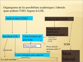 Organigrama de les possibilitats acadèmiques i laborals quan acabem l’ESO. Segons la LOE. Amb el títol d’ESO Batxillerat LOE Cicles formatius de grau mitjà . Sense el títol d’ESO Mon laboral.  Programes de Qualificació professional inicial Prova d'accés persones amb 17 anys. La universitat Cicles formatius grau superior Prova d'accés selectivitat A dos anys. I s’obté el títol d’ESO SOIB Prova d'accés 