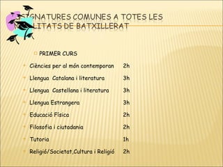 PRIMER CURS Ciències per al món contemporan 2h Llengua  Catalana i literatura 3h Llengua  Castellana i literatura 3h Llengua Estrangera 3h Educació Física 2h Filosofia i ciutadania 2h Tutoria 1h Religió/Societat,Cultura i Religió 2h  
