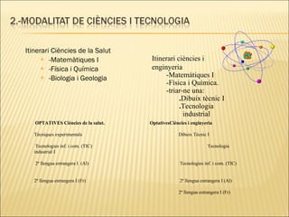 Itinerari Ciències de la Salut -Matemàtiques I -Física i Química -Biologia i Geologia Itinerari ciències i enginyeria -Matemàtiques I -Física i Química. -triar-ne una: . Dibuix tècnic I . Tecnologia industrial   OPTATIVES Ciències de la salut. OptativesCiències i enginyeria Tècniques experimentals Dibuix Tècnic I Tecnologies inf. i com. (TIC)   Tecnologia industrial I   2ª llengua estrangera I  (Al)  Tecnologies inf. i com. (TIC)  2ª llengua estrangera I (Fr)  2ª llengua estrangera I (Al)   2ª llengua estrangera I (Fr)        